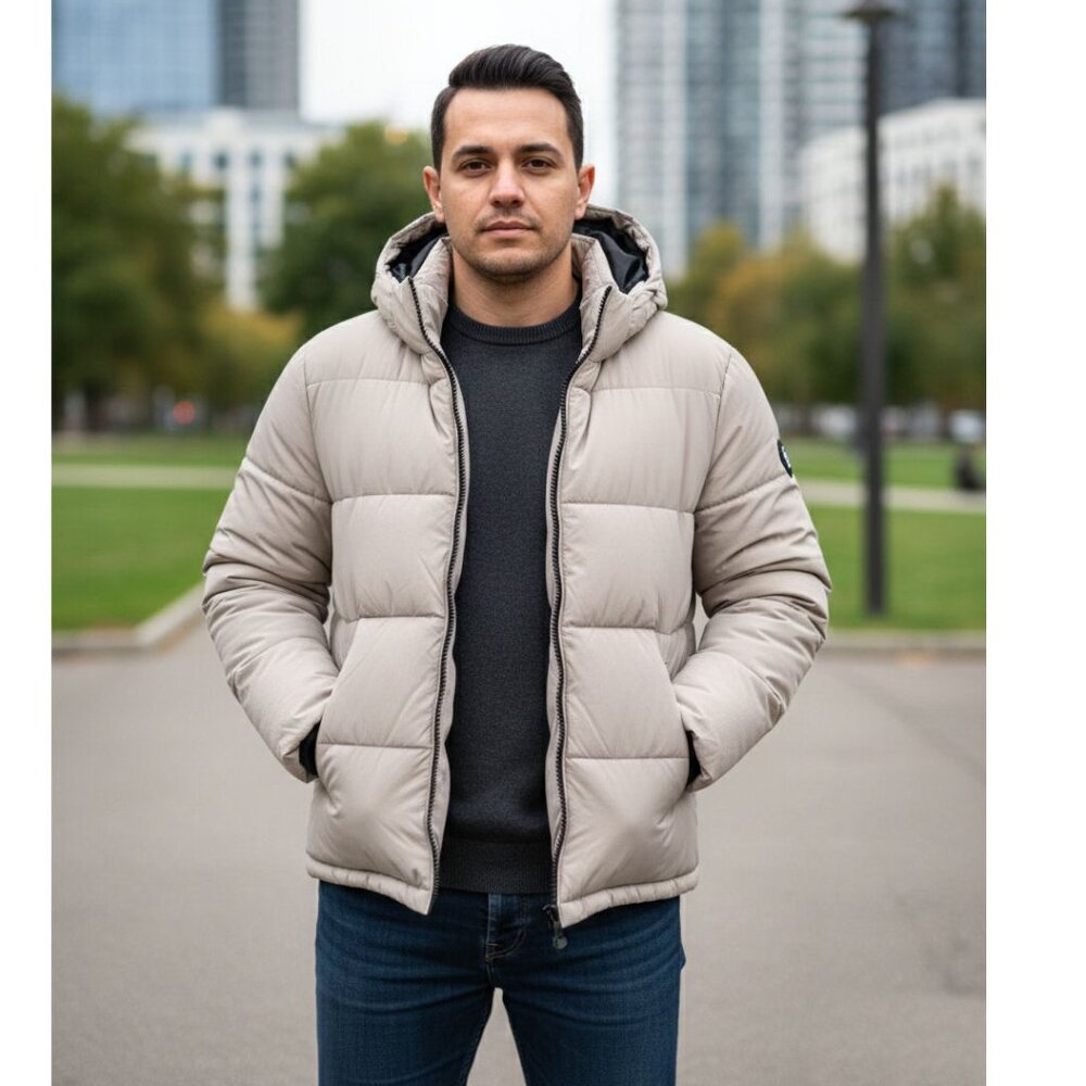 NOIZE Cruelty-Free Sustainable Puffer Jacket, Beige, Mens Size Medium